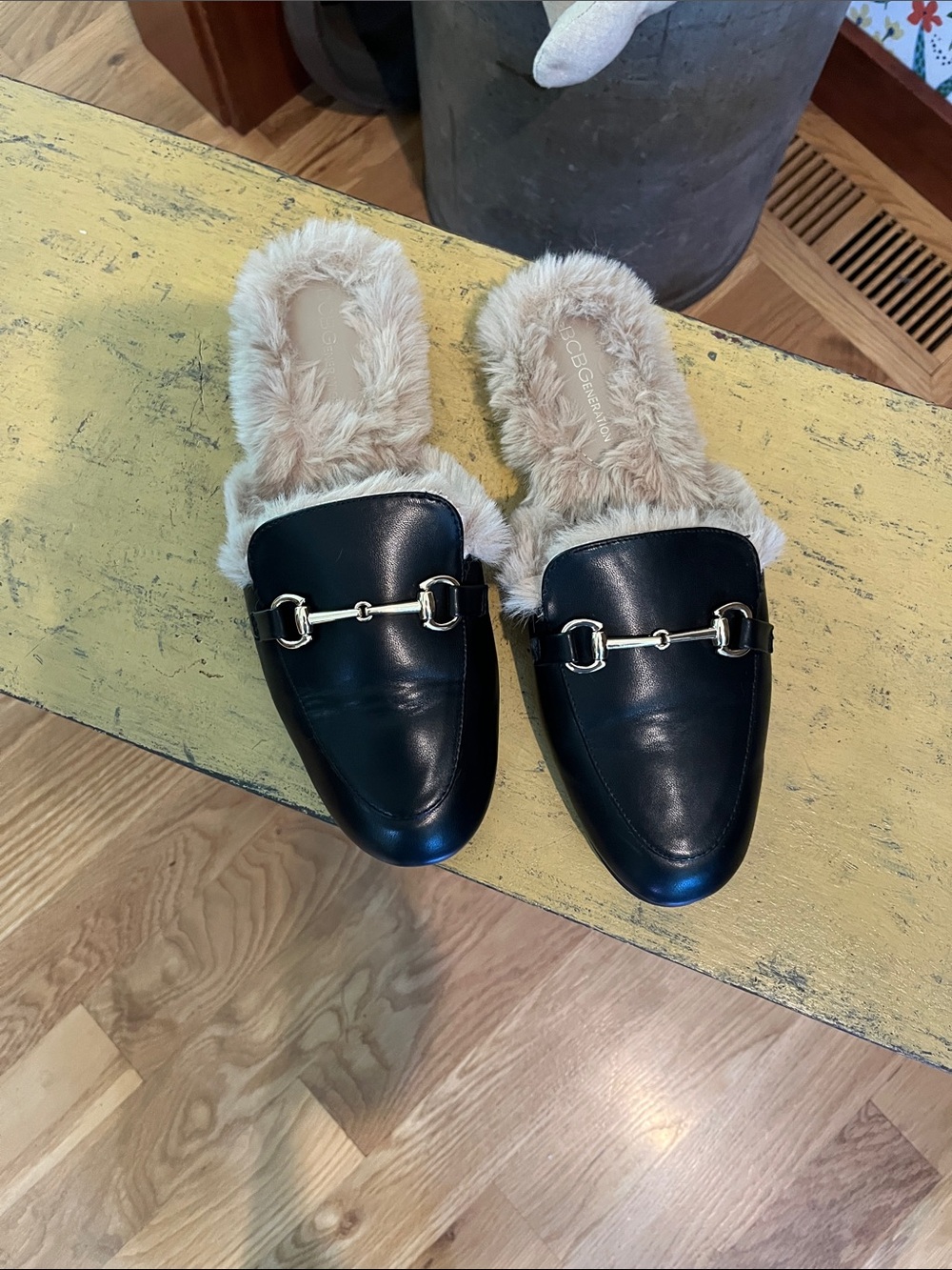 BCBGeneration Black Leather Faux-Fur Lined Horsebit Mules